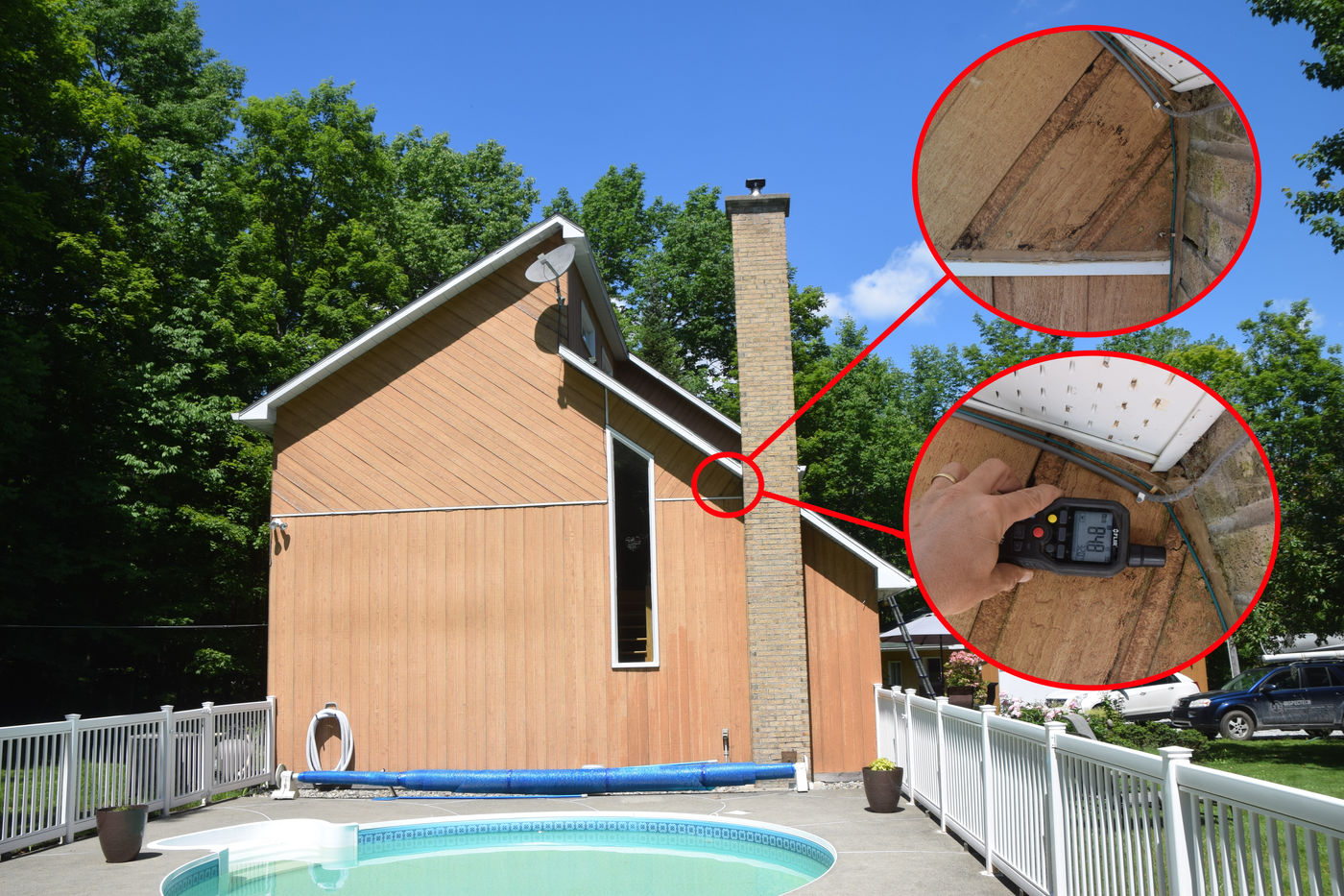 Maison avec cheminée de brique et gros plans montrant un humidimètre appliqué sur le revêtement