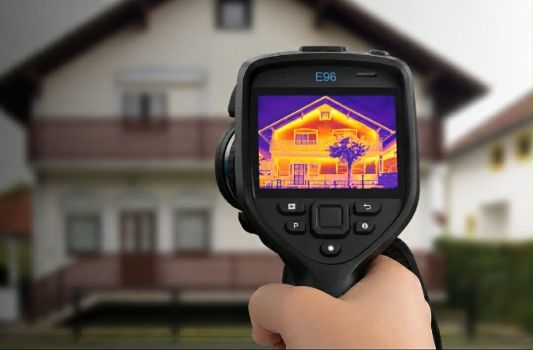 Caméra thermique FLIR E96 tenue à la main devant une maison, l'écran affichant l'image infrarouge de la façade